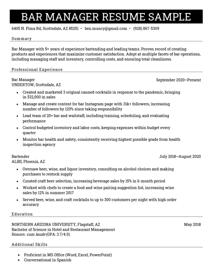 Bar Manager Resume - Sample & Free Template