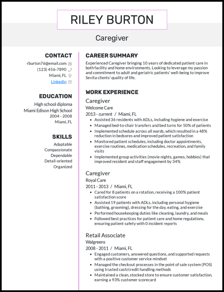 Caregiver Resume Examples & Free Templates in