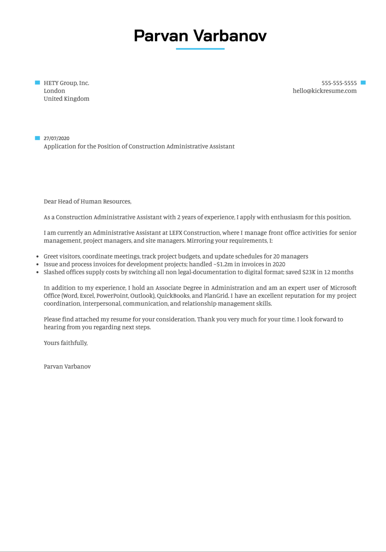 Construction Administrative Assistant Cover Letter Example