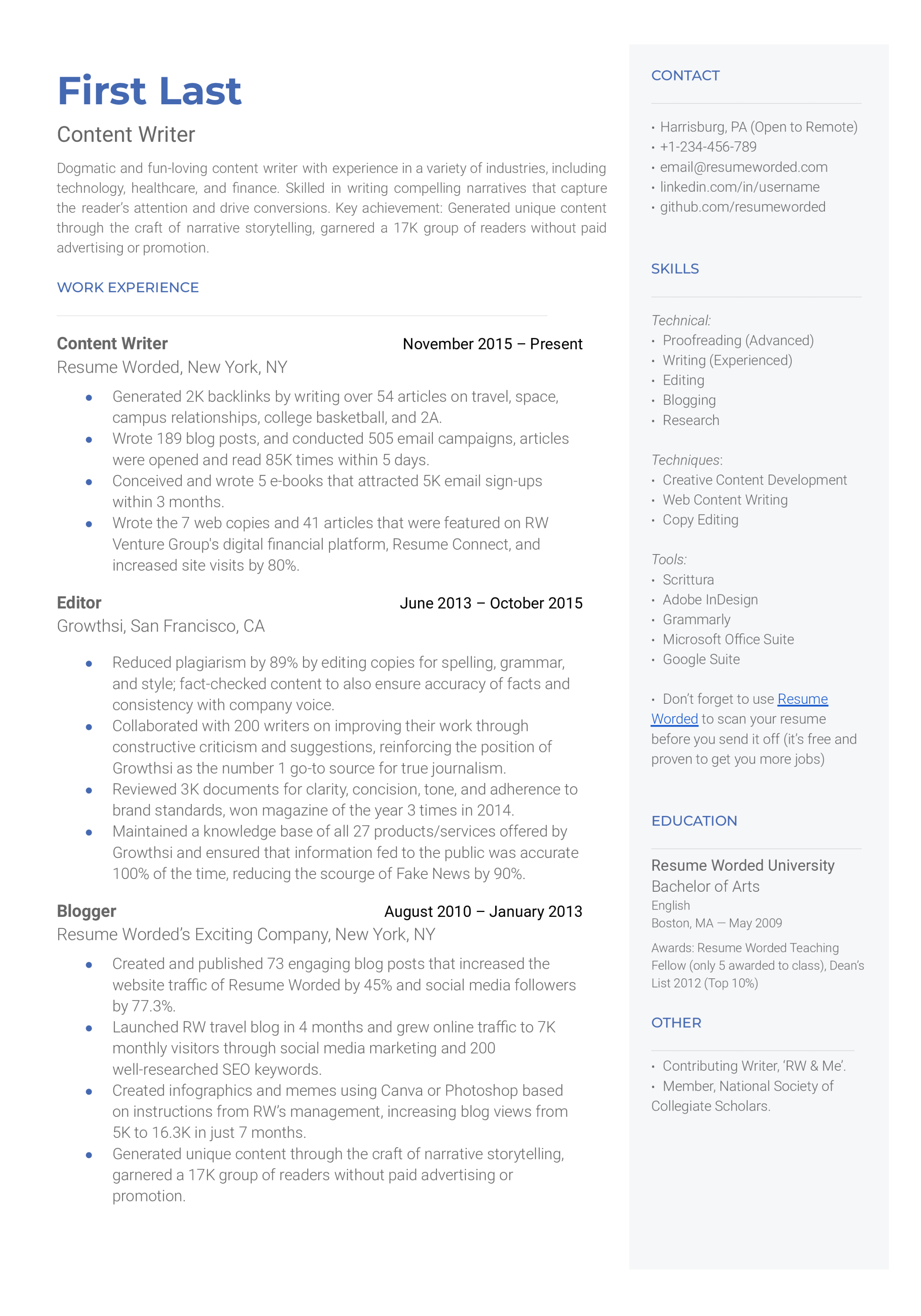 content writer resume examples for resume worded