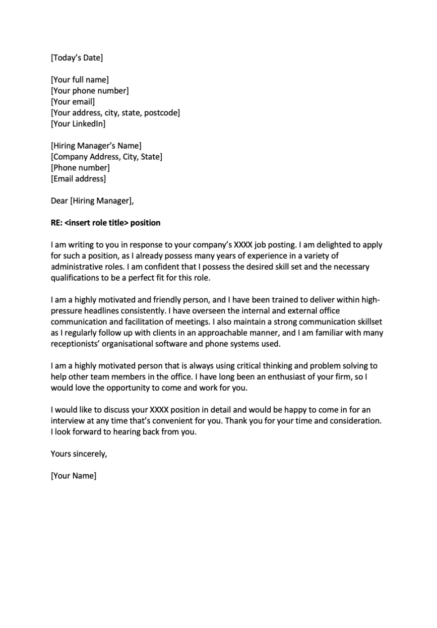 Example Cover Letter for Receptionist - Training.com