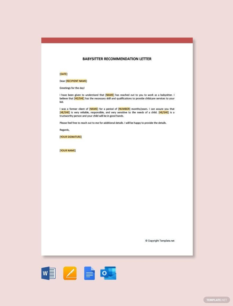 free babysitter recommendation letter template download in word