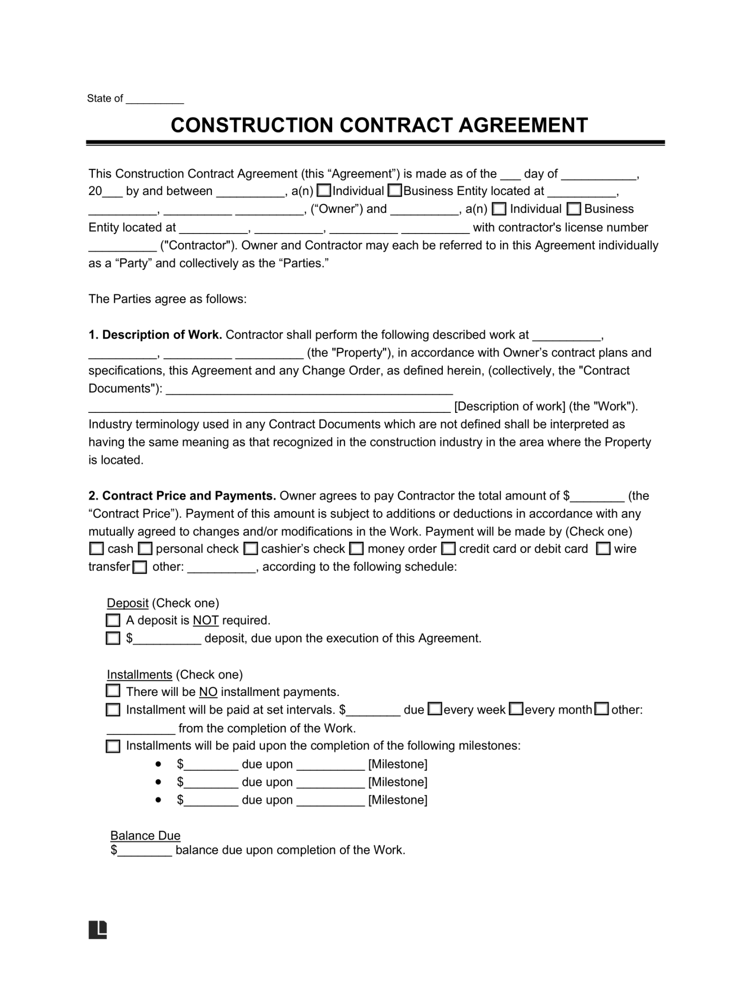 Free Construction Contract Template  PDF & Word