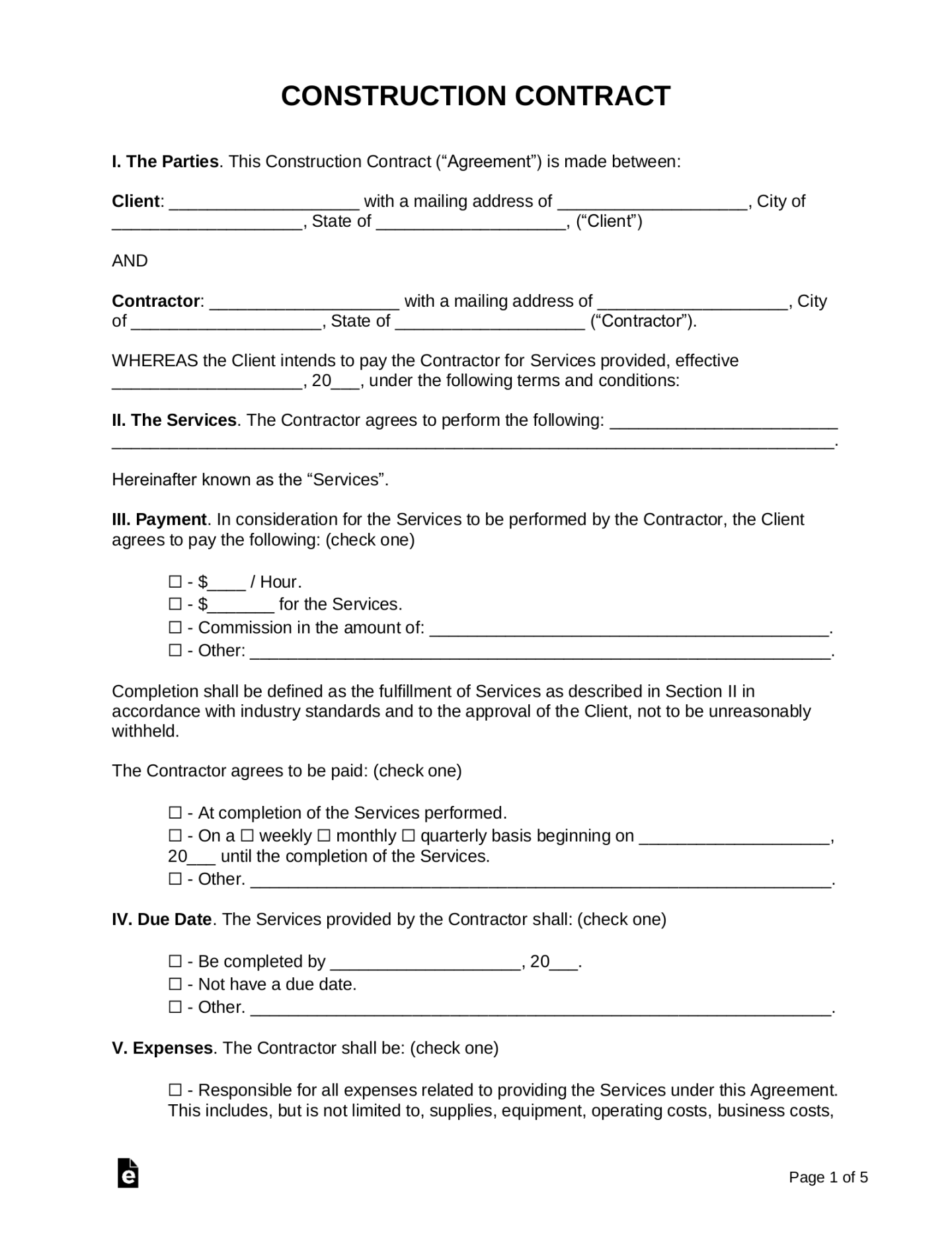 Free Construction Contract Template  Sample - PDF  Word – eForms