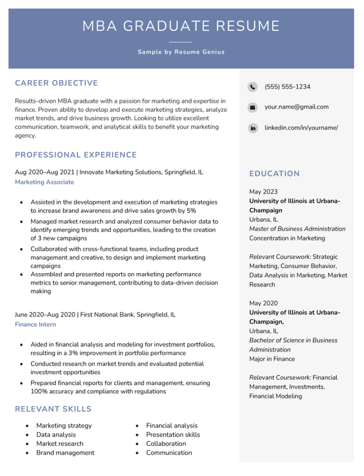 mba resume examples and writing guide resume genius