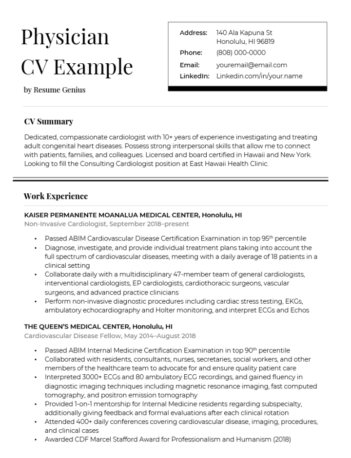 Physician CV [Example for Free Download]  Resume Genius
