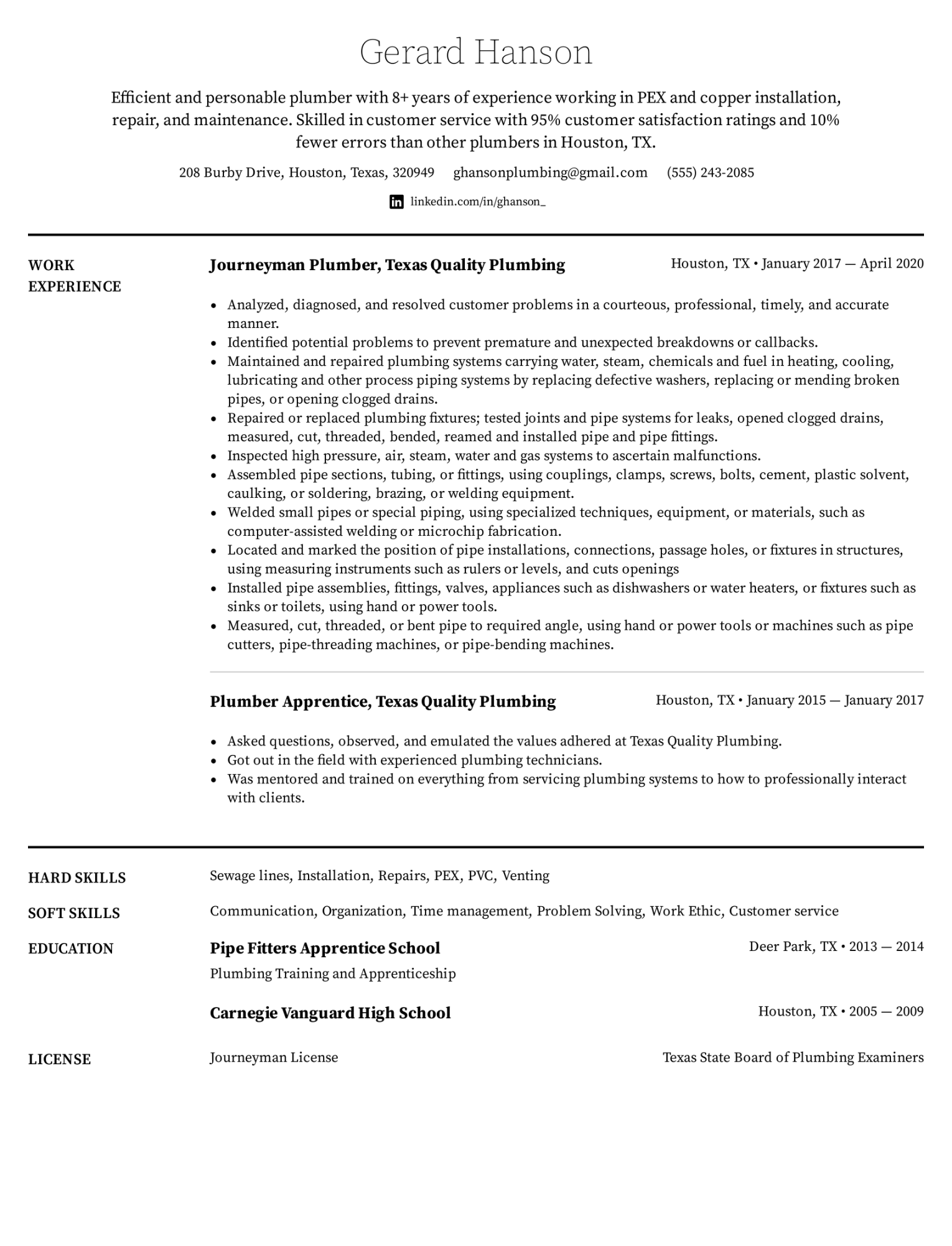Plumber Resume Example & Writing Tips for