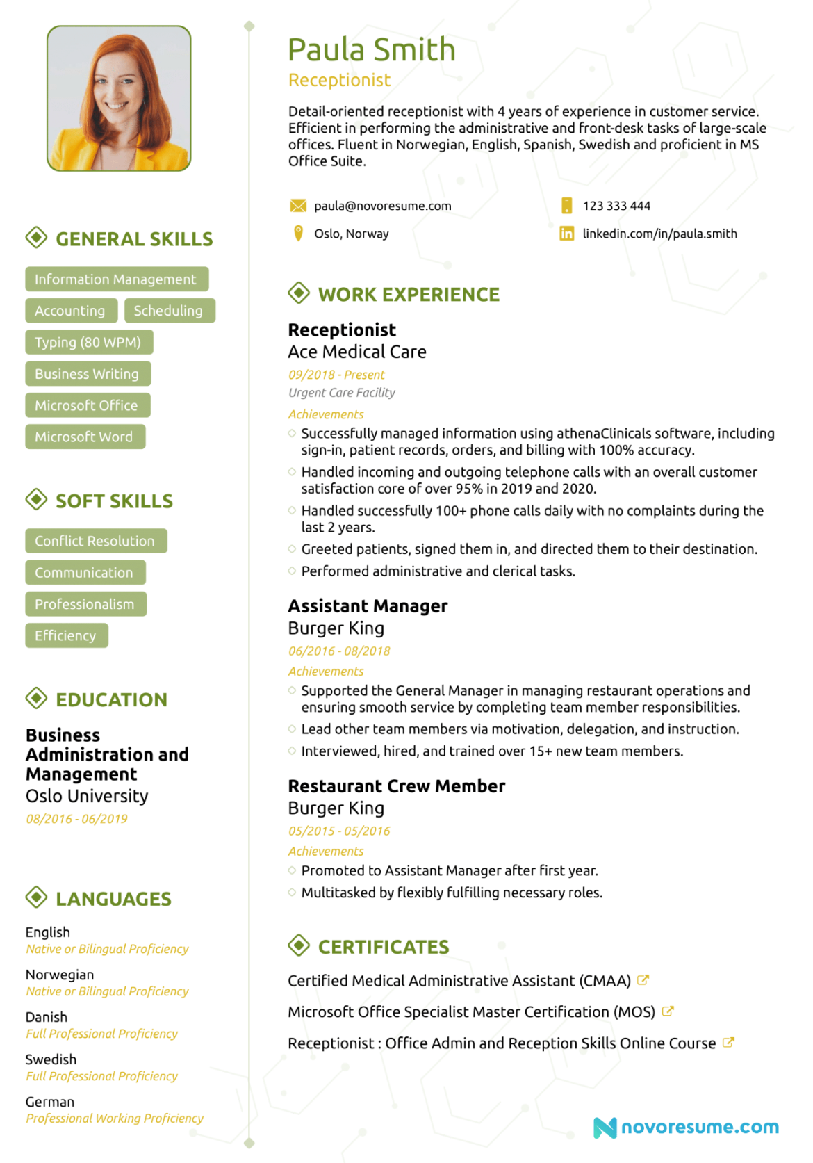 Receptionist Resume Sample [Job Description, Skills & Tips]