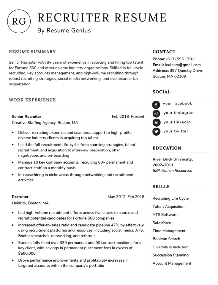 Recruiter Resume Example  Resume Genius