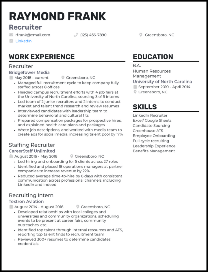 Recruiter Resume Examples & Free Templates in