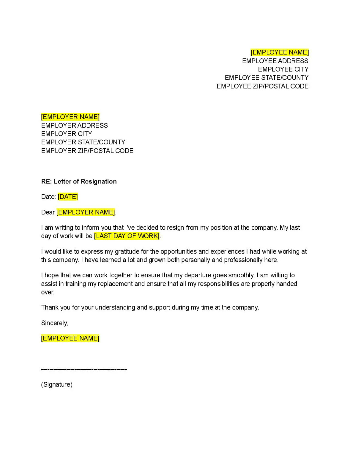 Resignation Letter Template - Free Download - Easy Legal Docs