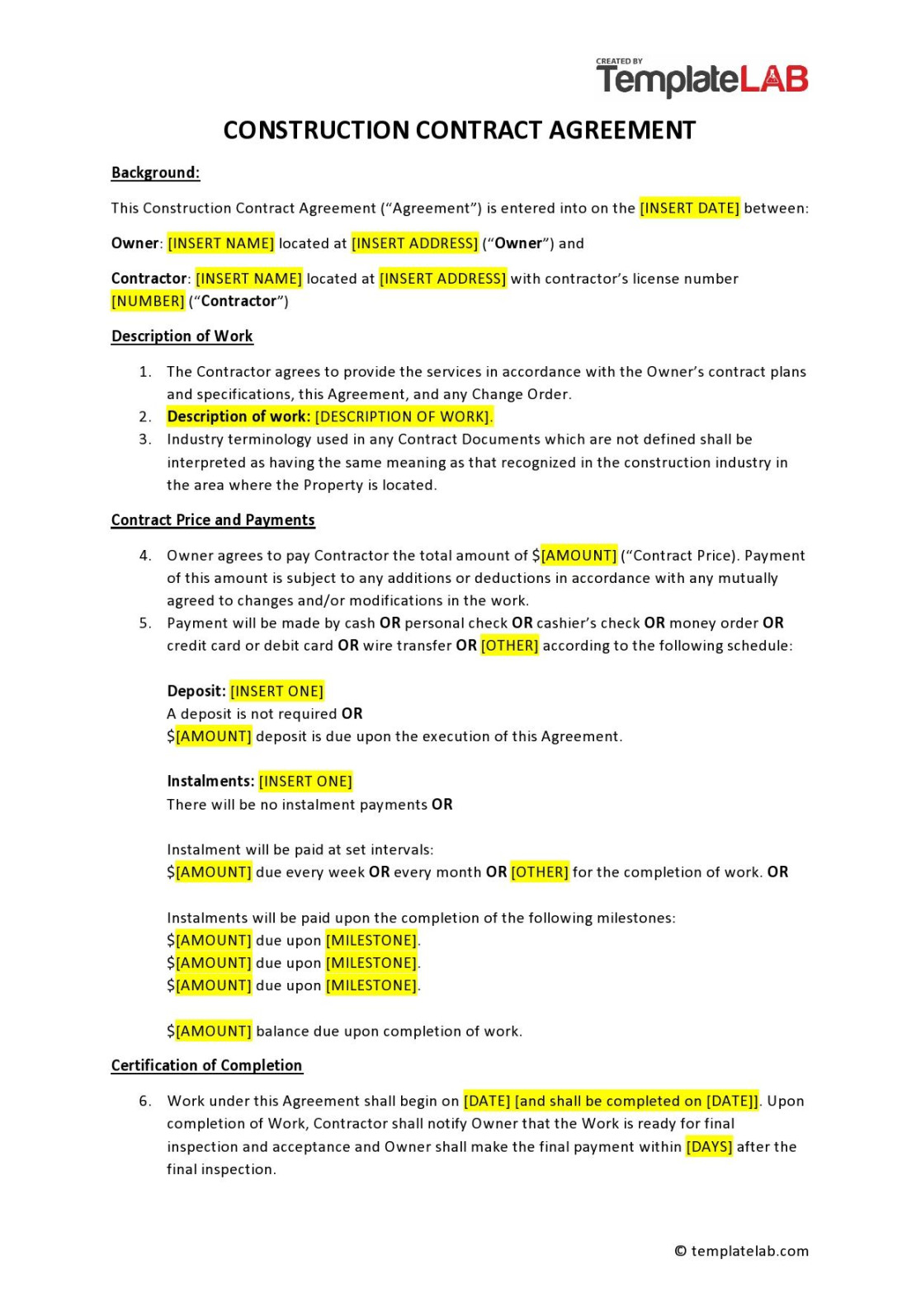 simple construction contract templates free