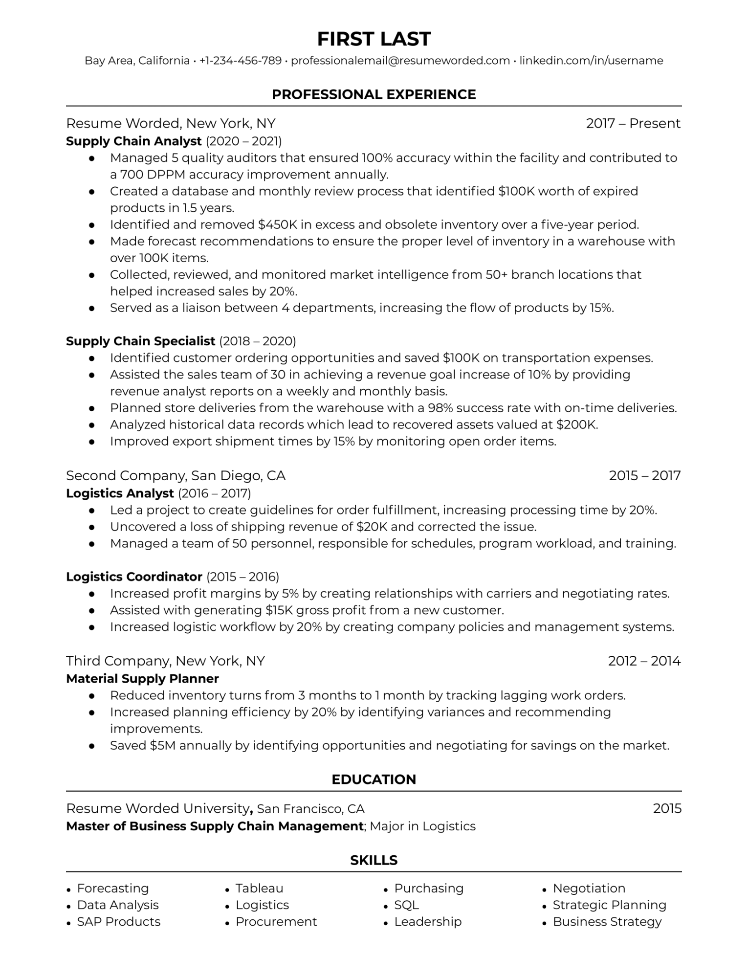 Supply Chain Resume Examples for   Resume Worded