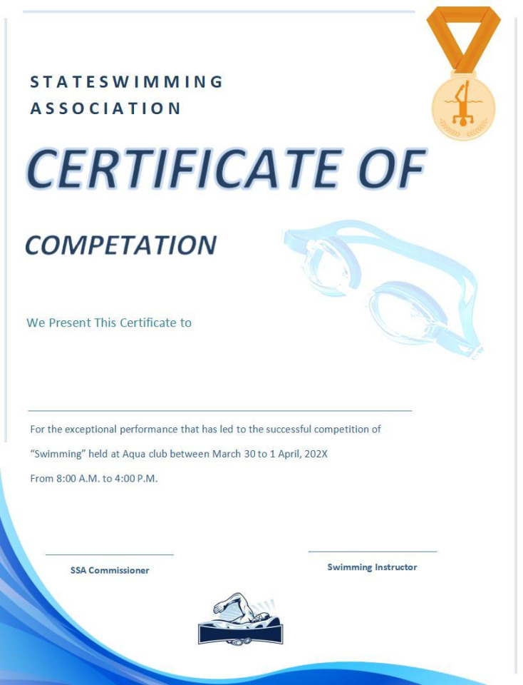 word of simple blue swimming certificate docx wps free templates