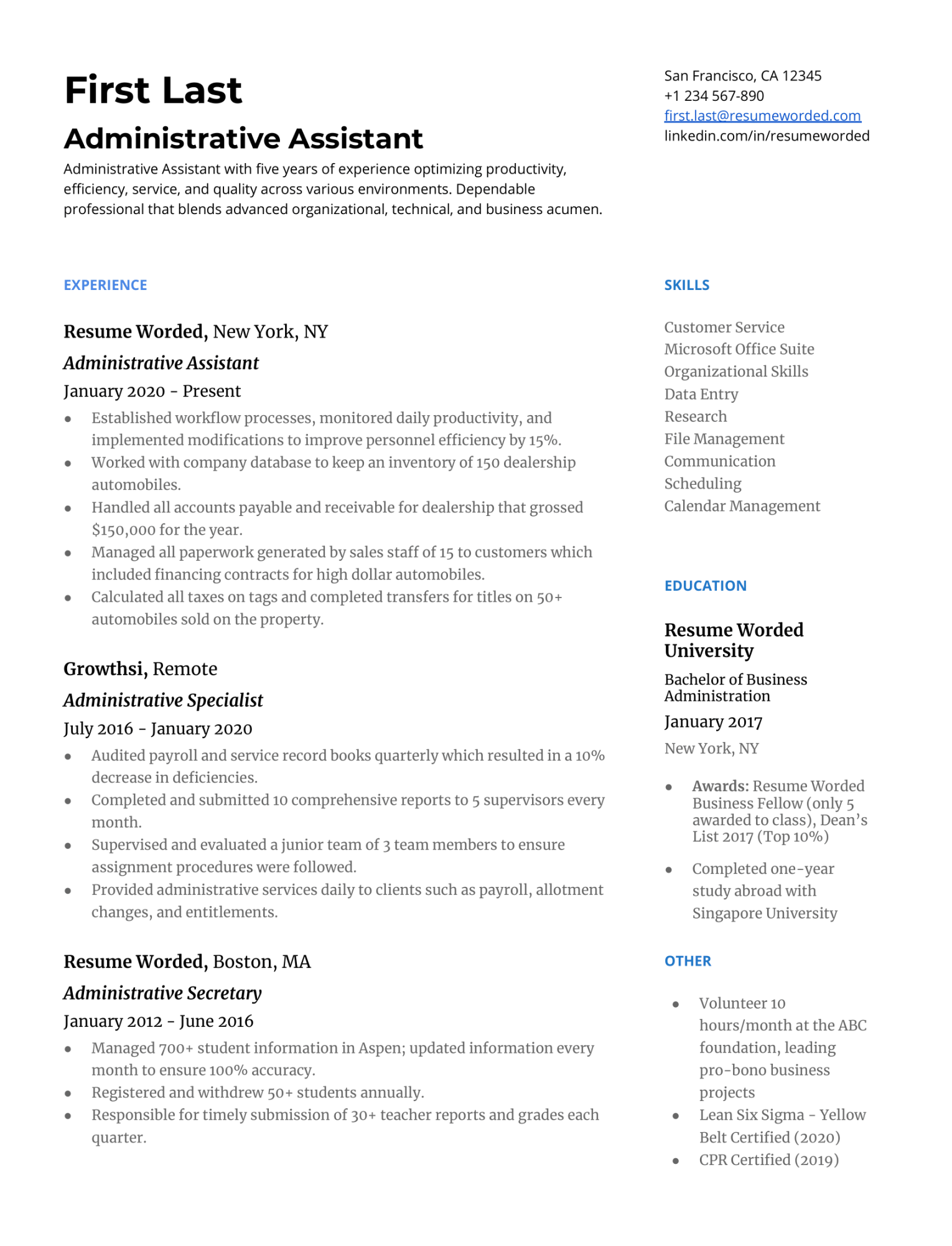 Administrative Assistant Resume Examples for   Resume Worded