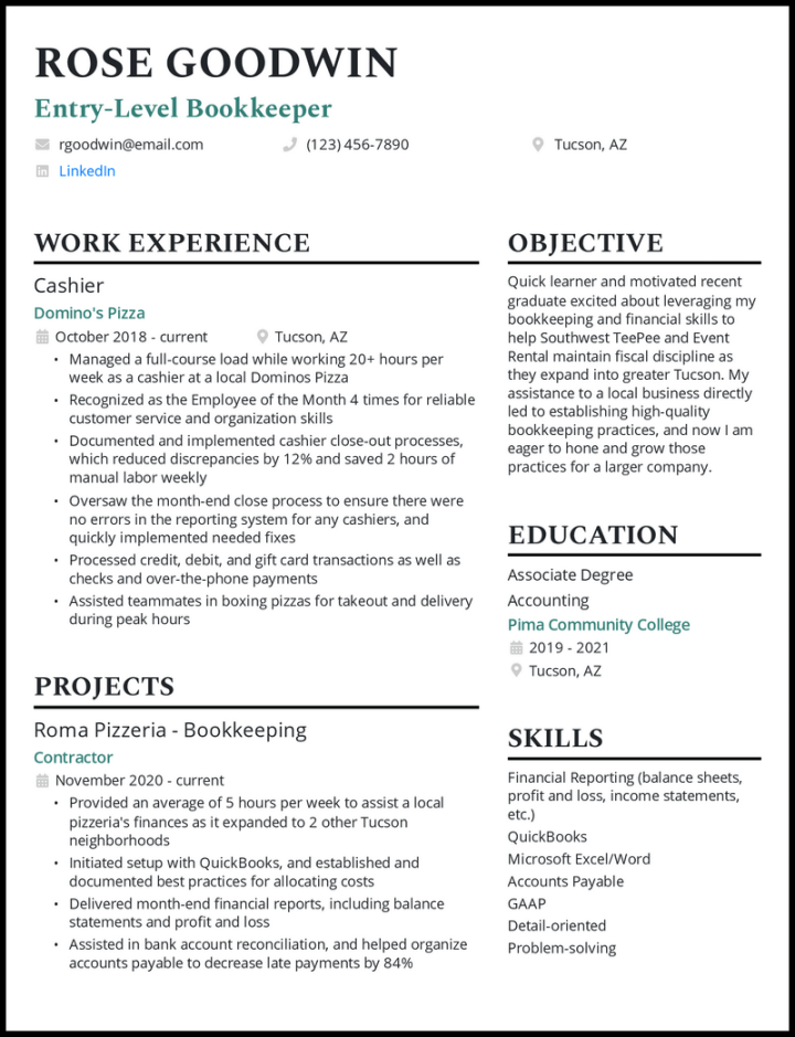 bookkeeper resume samples that worked in 0