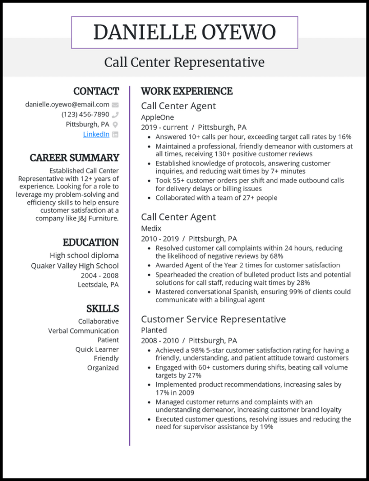 Call Center Representative Resume Examples for