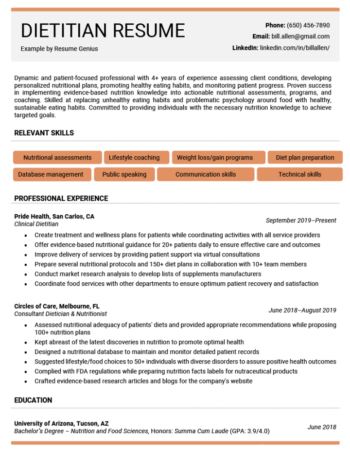 Dietitian Resume - Example, Template, &  Skills to List