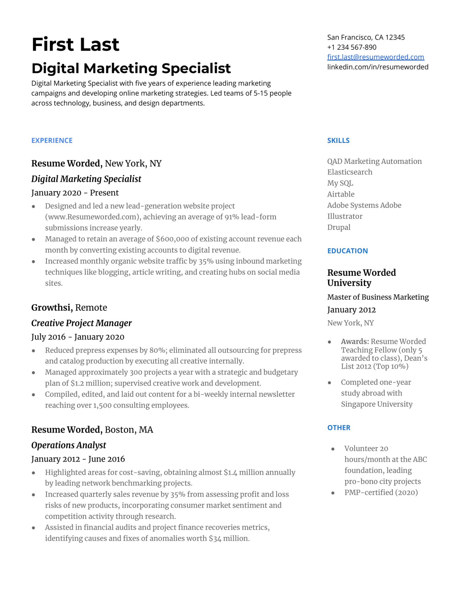 digital marketing resume examples for resume worded