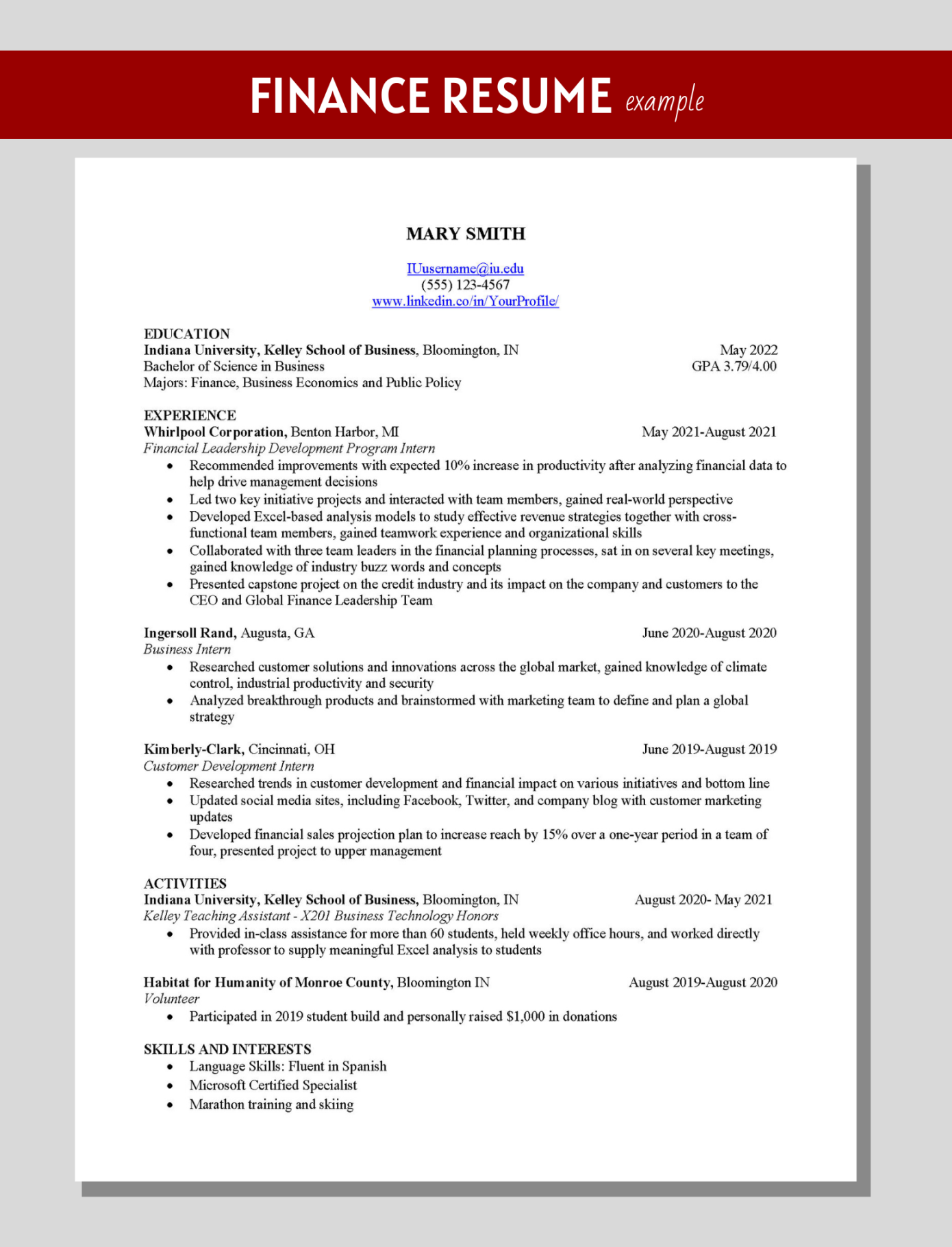 Finance Resume Example – KelleyConnect  Kelley School of Business