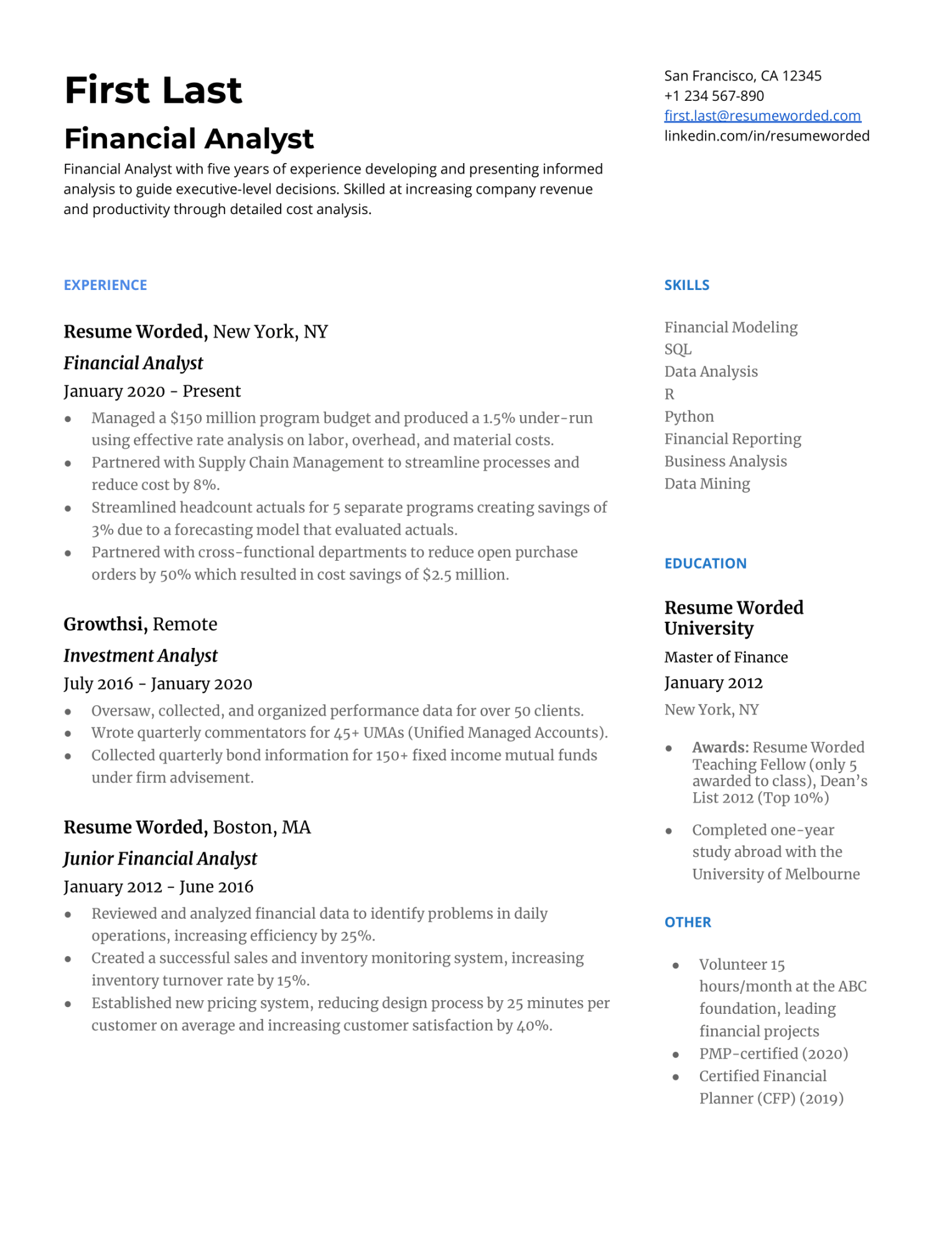 Financial Analyst Resume Examples for   Resume Worded