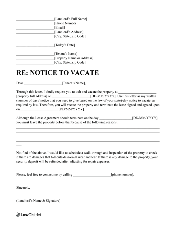 Free Notice to Vacate Letter  Sample + Template  LawDistrict
