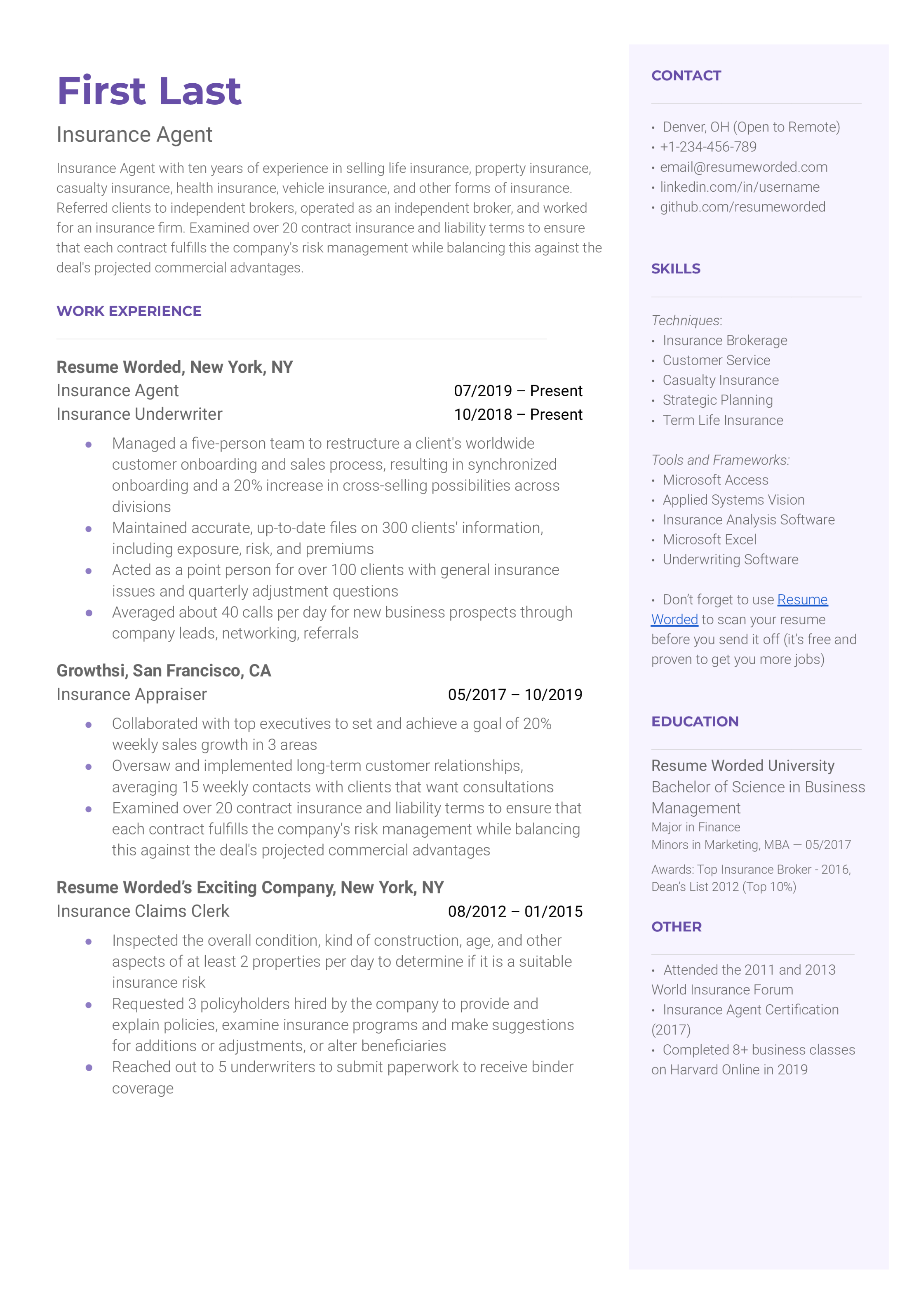 Insurance Resume Examples for   Resume Worded