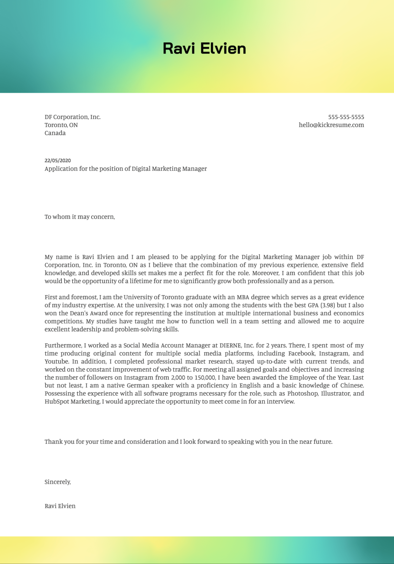 MBA Cover Letter Example  Kickresume