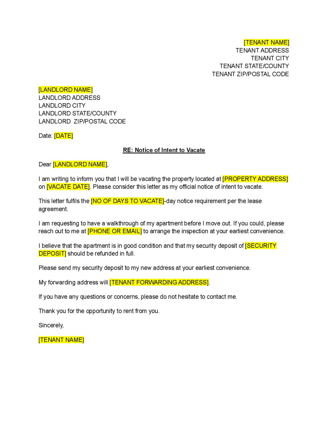 Notice of Intent to Vacate Template - Free Download - Easy Legal Docs