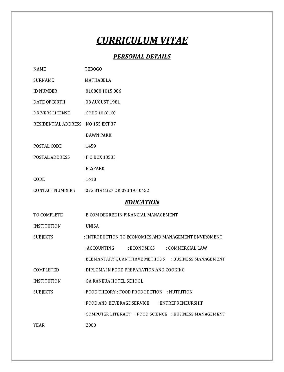Page Cv Template South Africa - Resume Format  Cv template word
