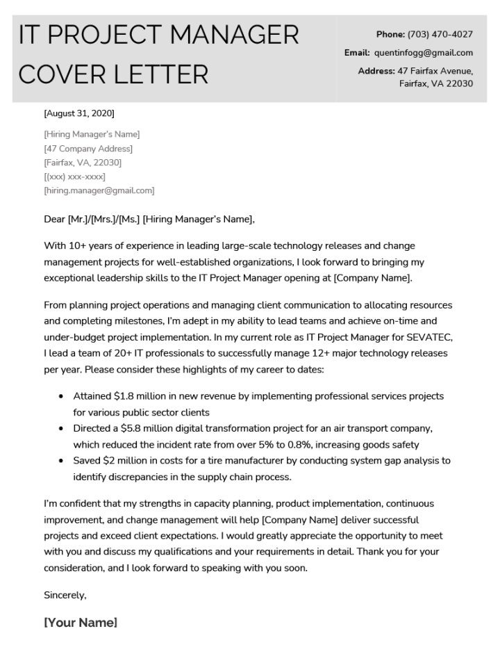 Project Manager Cover Letter Example & Writing Tips
