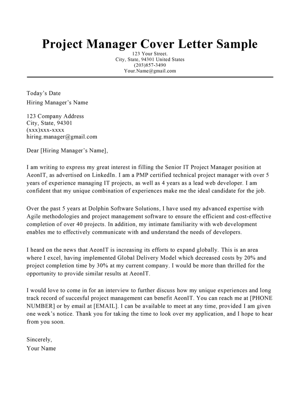 Project Manager Cover Letter Sample & Tips  Resume Companion