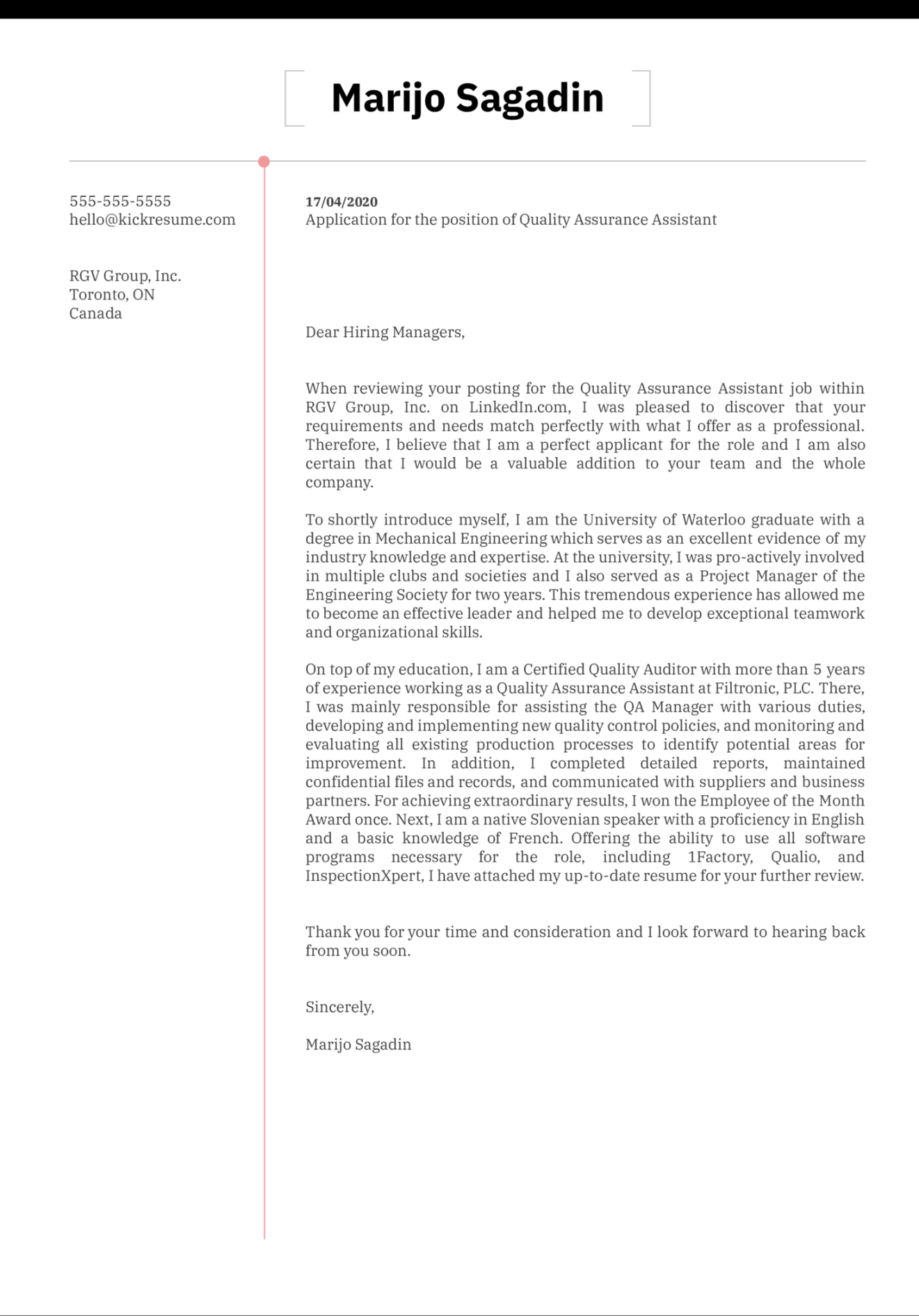 quality assurance assistant cover letter example kickresume