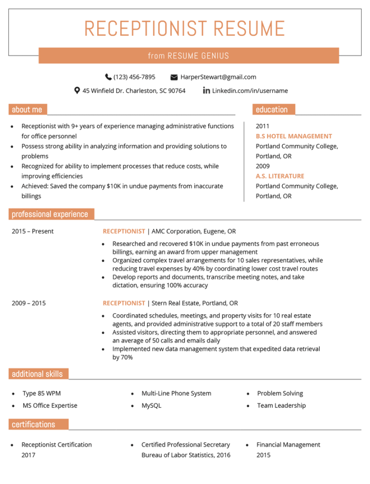 Receptionist Resume Sample & Writing Guide  Resume Genius