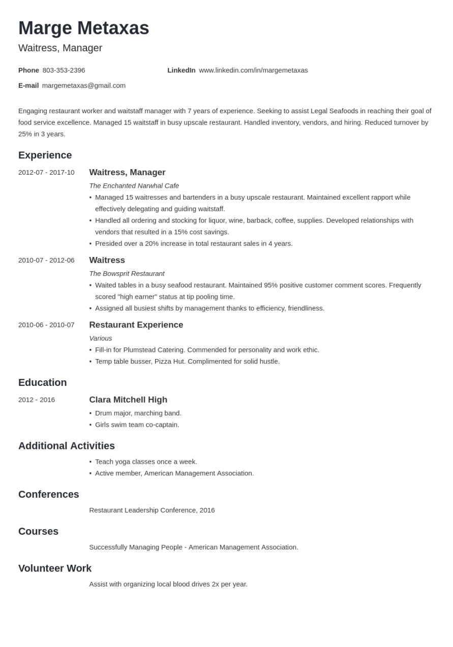 Restaurant Resume Examples: Template with Skills & Objective