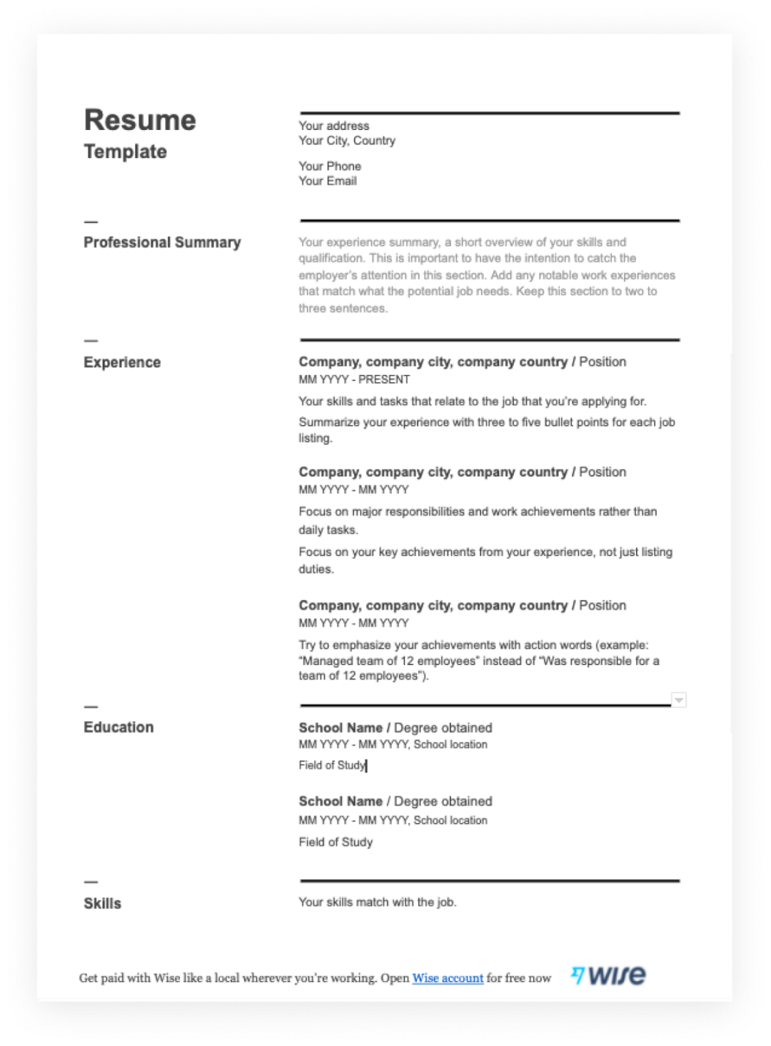 resume templates in pdf free for download wise