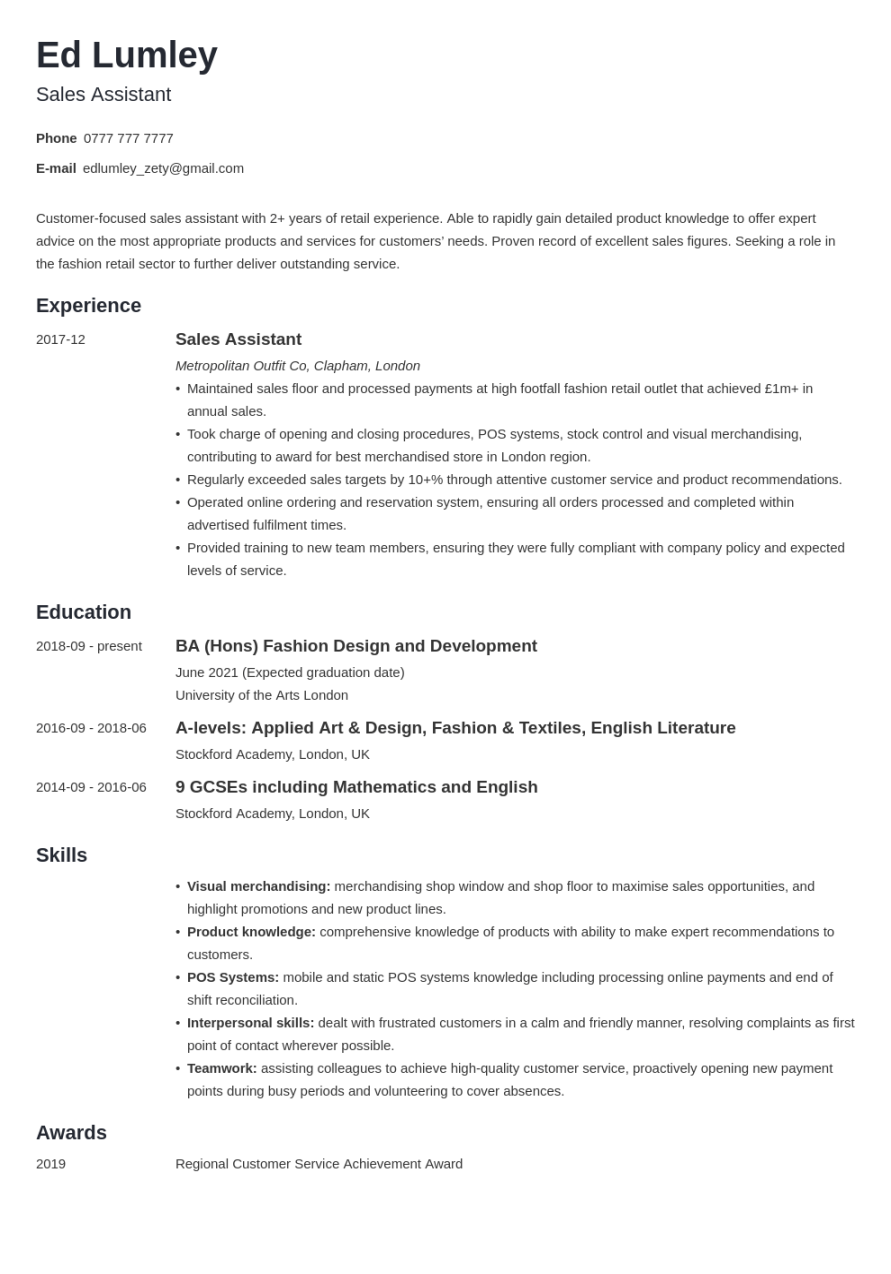 Retail CV Examples: Template for a Sales Assistant