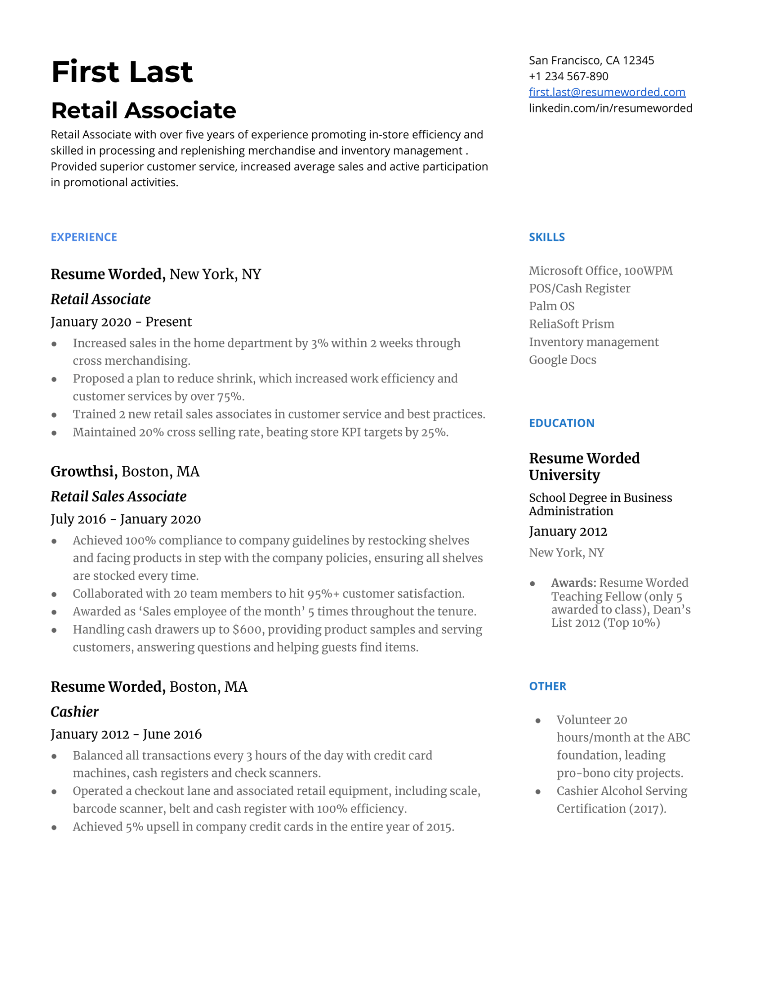 Retail Resume Examples for   Resume Worded
