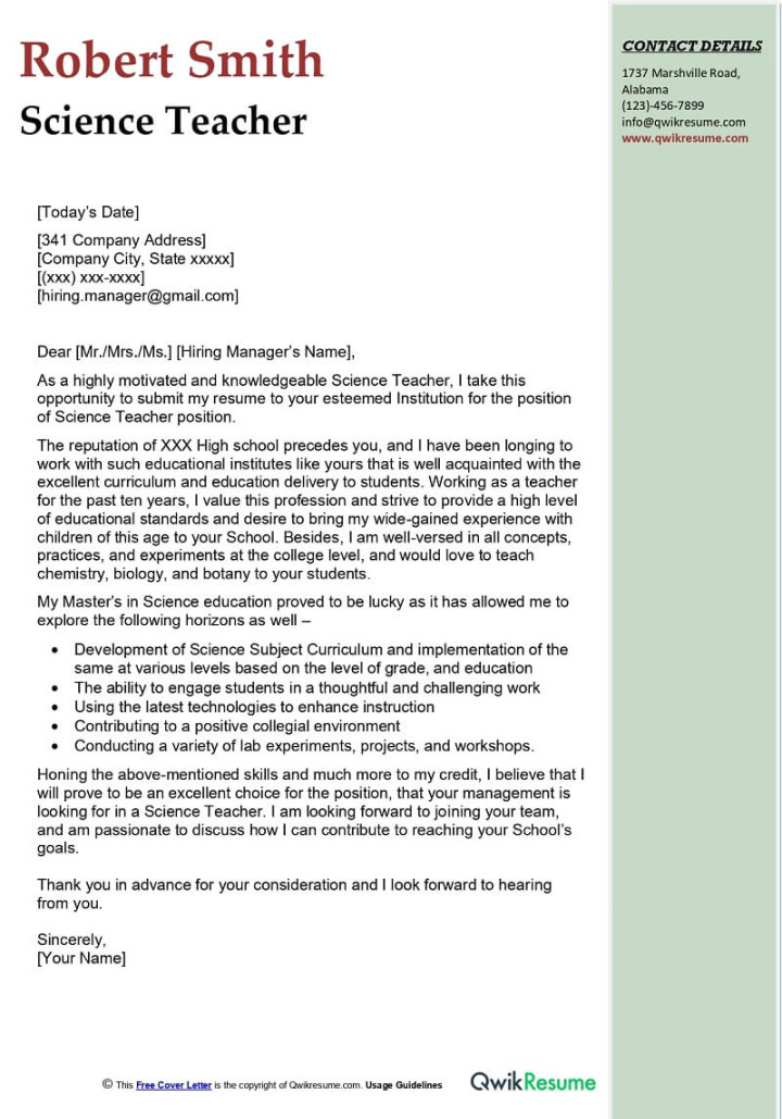 Science Teacher Cover Letter Examples - QwikResume