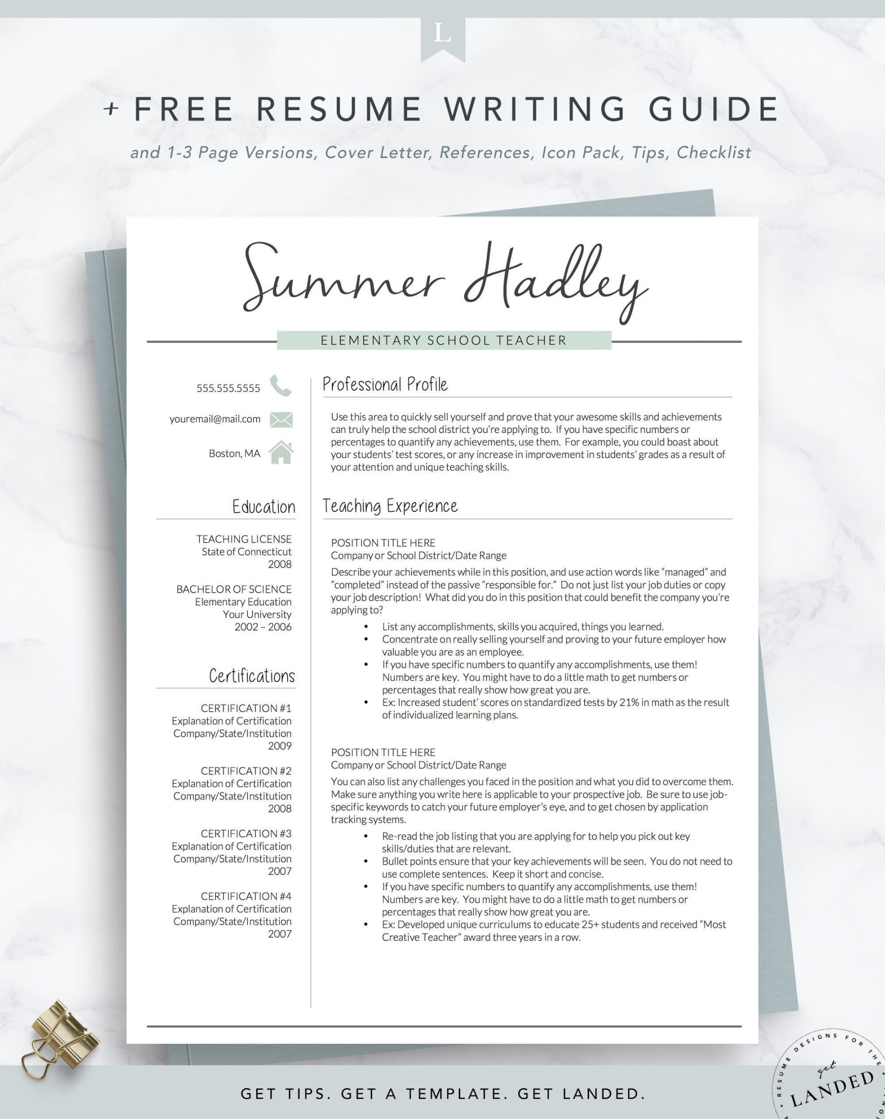 Teacher Resume Template for Word and Pages   &  Page - Etsy