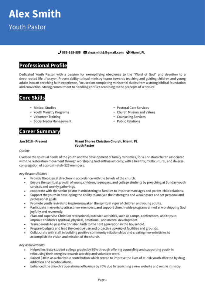 Youth Pastor resume example & guide [Get hired]